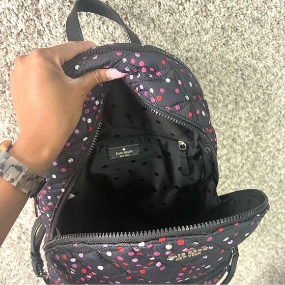 Kate Spade Backpack Women’s Karissa Nylon Quilted Black & Pink Polka Dot Large - Picture 9 of 16